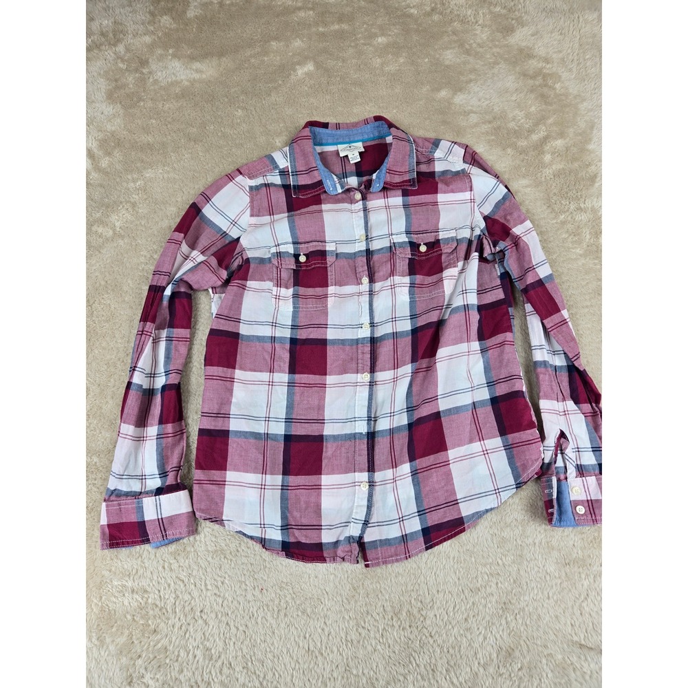 St Johns Bay Womens Plaid Button Up Shirt Burgundy Navy White Cotton Size M